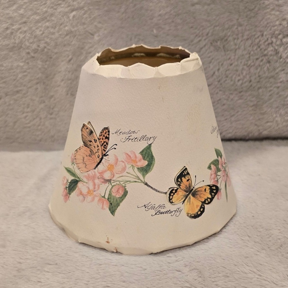 Vintage Butterfly Botanical Clip-On Lamp Shade Scalloped Cream Floral 3D Detail